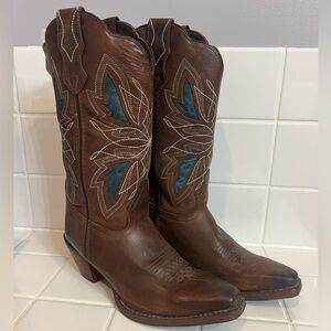 Laredo Brown Leather Western Boots with Teal Inlay